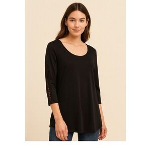 Susan Graver Womens Blouse black top XS 3/4 sleeve lace detail elegant